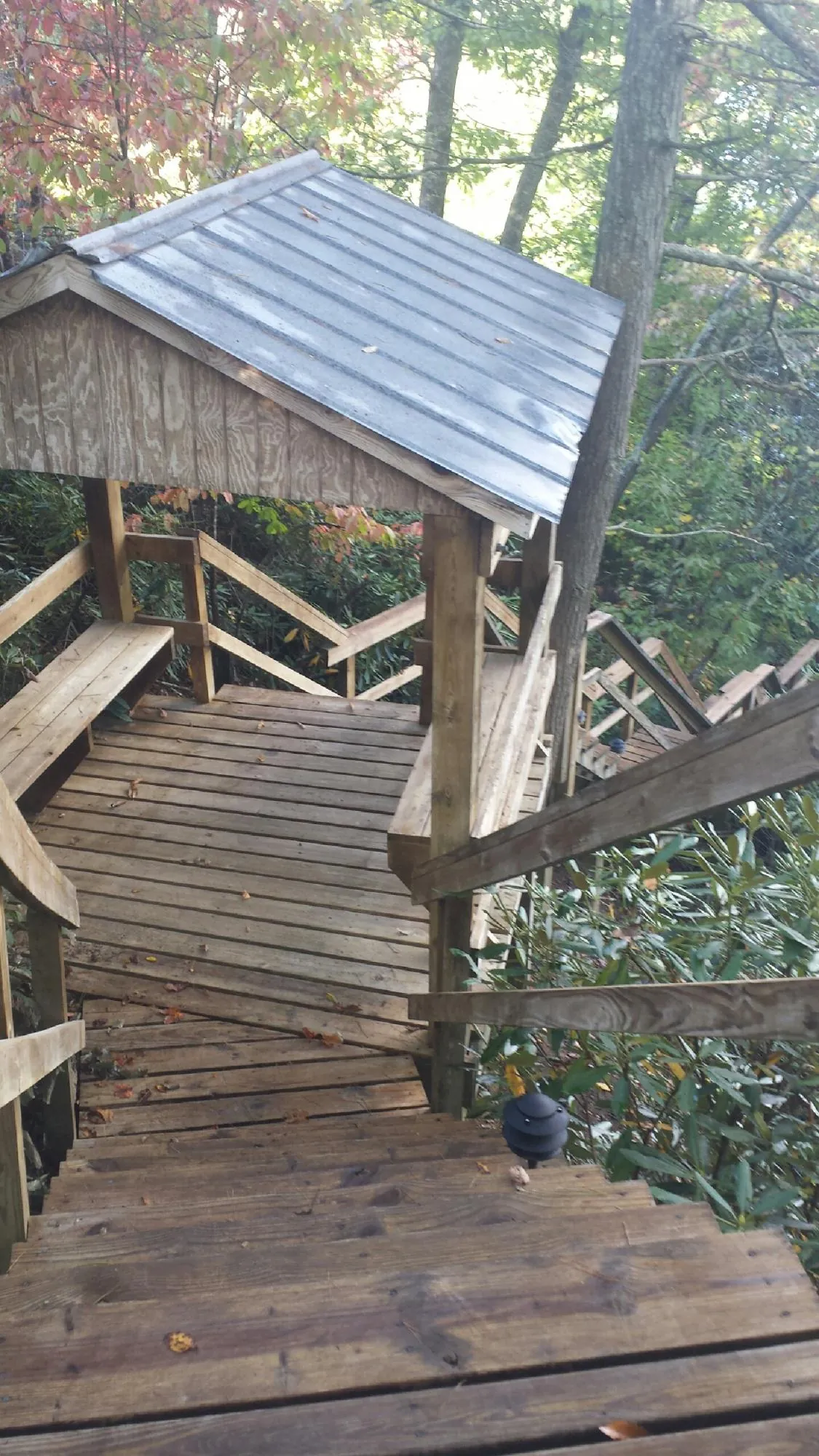 Metal roofed shelter over wooden steps on a wooded walkway — Skylight Repair & Installation work by our crew in Wadena